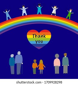 Vector illustration of back of People Standing with figures with angel wings standing on rainbow with rainbow heart with text Thank you concept of people paying 1 minute silence for nhs hero’s 