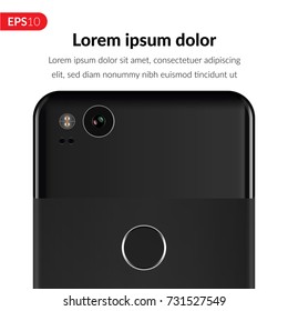 Vector illustration of the back of the phone close-up with high detail. Phone, smartphone on a white isolated background with text for advertising, banners.