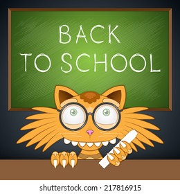 Vector illustration. Back to school. Amusing happy orange cartoon cat with black background and green chalkboard. Colorful illustration for posters, banners and flyers. Closeup.