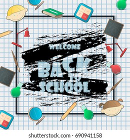 Vector illustration of Back to school background. Back To School Banner With Flat Icon Set on Chalkboard Textured Copy-book