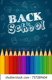 Vector illustration of Back to school background with doodle elements on chalkboard and colorful pencils