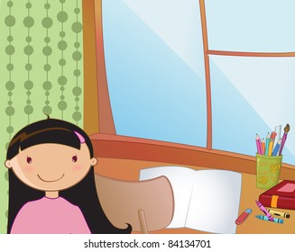 Vector Illustration of Back to School background with little schoolgirl