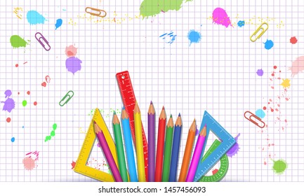 Vector illustration of back to school banner with realistic school supplies, different stationery items on white paper textured background with copy space.
