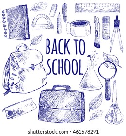 Vector illustration back to school. Blue and white set. School objects. Poster for design stationery shops, packaging school products.