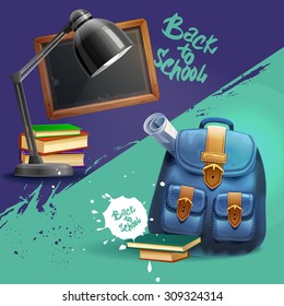 Vector illustration back to school. Board,table lamp, books and backpack.