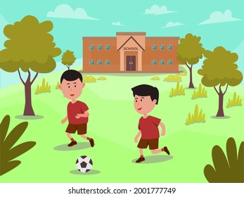 Vector illustration back to school, child going to school, playing with friends in the field, carrying a bag, feeling happy to learn