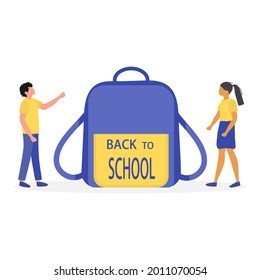 Vector illustration Back to school. Children Schoolbag Elementary school pupils. Schoolboy, schoolgirl excited to start school. First day at school. Education concept. Learning. Design for web, print