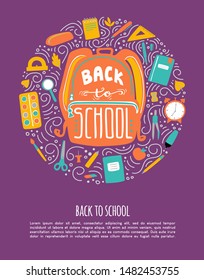 Vector illustration Back to school with circle composition and place for text. Hand drawn doodle school supplies on dark background. Card, poster, promotion banner design for stationary store.