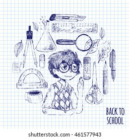Vector illustration of a back to school in circle. The student, pen, pencil, eraser, glass lamps, notebooks, scissors, protractor, glue, dividers, ruler, crib. Autumn leaves. Sketch. Black and white.