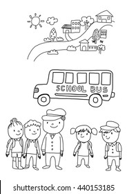 vector illustration - Back to School. Coloring page of school bus, school bus driver, and lovely students. Boys and girls carry their backpacks or knapsacks.