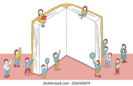 Ilustración vectorial del concepto de regreso a la escuela. Niños en edad escolar 
reuniéndose alrededor de un libro de texto.