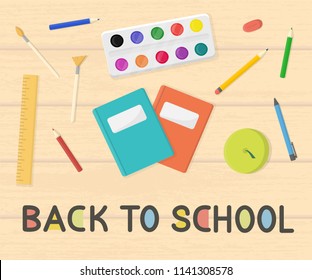 Vector illustration of back to school consept. Wooden table with objects on it. First day of school greeting poster. Colorful lettering. Eps 10