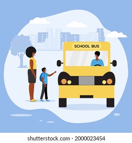 Vector illustration Back to school at Coronavirus Pandemic Parent see off child to School bus People wear masks. Elementary school pupil Schoolboy with schoolbag boarding into transport Transportation