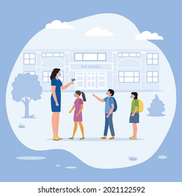 Vector illustration Back to school at Coronavirus Pandemic Teacher measures temperature of schoolchildren before entering school. Pupils with schoolbag. People wear masks. Design for web, print