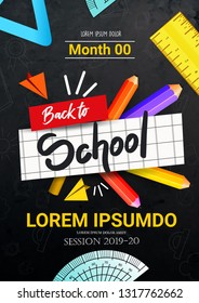 Vector illustration of Back to school creative blue background, 3d books, pencil,ruler, education items and space for text, flyer, banner, poster