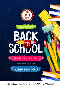 Vector illustration of Back to school creative blue background, 3d books, pencil,ruler, education items and space for text, flyer, banner, poster