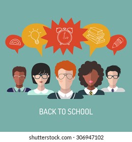Vector illustration of back to school in flat style. Education background with speech bubbles, students and pupils icons. 
