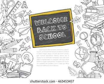 Vector illustration Back to school frame border black and white background pattern in kids doodle style with bus, books, computer, blackboard and world map on chalkboard. Place for your text
