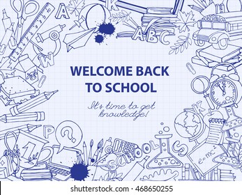 Vector illustration Back to school frame border pattern of kids doodles with bus, books, computer, blackboard and world map