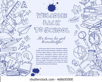 Vector Illustration Back To School Frame Border Pattern Of Kids Doodles With Bus, Books, Computer, Blackboard And World Map