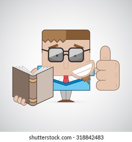 Vector illustration. Back to school. Funny cartoon young guy teacher holds brown book and showing thumbs up. Creative and modern cool character for advertising, poster, banner, web and flyer.
