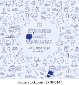 Vector illustration Back to school greeting card of kids doodles with bus, books, computer, blackboard and world map on notebook grid sheet