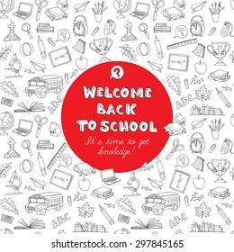 Vector illustration  Back to school greeting card of kids doodles with bus, books, computer, blackboard and world map