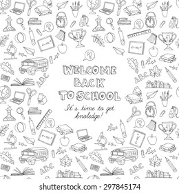 Vector illustration  Back to school greeting card of kids doodles with bus, books, computer, blackboard and world map . Black and white