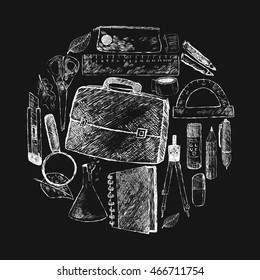 Vector illustration back to school. Hand drawing white chalk on black background. Briefcase, pen, pencil, eraser, glass lamps, notebooks, scissors, protractor, glue, dividers, ruler, autumn leaves. 