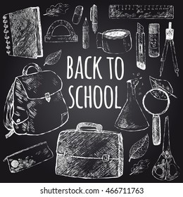 Vector illustration back to school. Hand drawing white chalk on a black background. School objects set. Poster for design stationery shops, packaging school products.