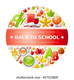 Vector illustration of back to school icon set with concept abstract symbols. Elegant modern style. Design template with text lettering, autumn leaf, education sign - book, rule, pencil, brush, globe