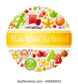 Vector illustration of back to school icon set with concept abstract symbols. Elegant modern style. Design template with text lettering, autumn leaf, education sign - book, rule, pencil, brush, globe