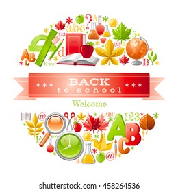 Vector illustration of back to school icon set with concept abstract symbols. Elegant modern style. Design template with text, autumn leaves, education sign - book, rule, pencil, brush, globe
