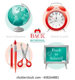 Vector illustration of back to school icon set with concept abstract symbols in elegant modern style. Template logo and education object - globe, alarm clock, pencil, brush, scissors, chalkboard