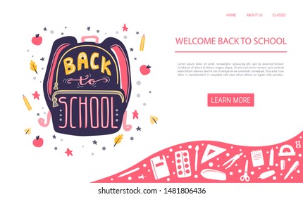 Vector illustration Back to school with lettering. Hand written phrase on a backpack and doodle stars, apples, pencils and autumn leaves. Midern banner design for website promotion.  