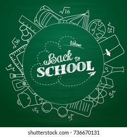 Vector illustration of Back to school lettering in doodle circle on green chalkboard background