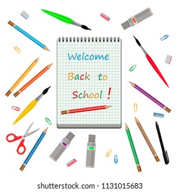 Vector illustration of back to school with notebook and school supplies