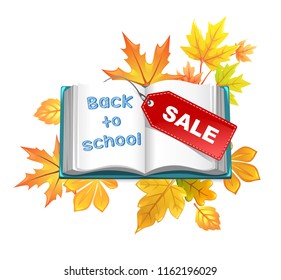 vector illustration back to school open book autumn leaves and label sale