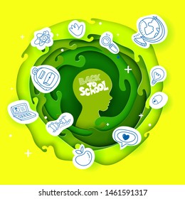 Vector illustration for Back to school. Paper art cut out circle layers with kids head and Back to school hand drawn lettering. Education symbols on paper.
