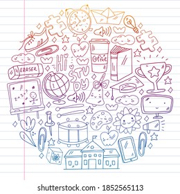 Vector illustration. Back to school vector pattern. Textile fabric design, wrapping paper and website wallpapers.