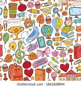 Vector illustration. Back to school vector pattern. Textile fabric design, wrapping paper and website wallpapers.