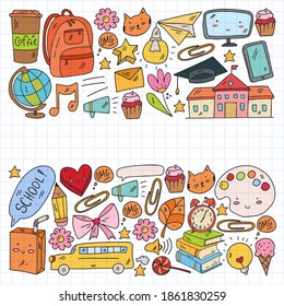 Vector illustration. Back to school vector pattern. Textile fabric design, wrapping paper and website wallpapers.