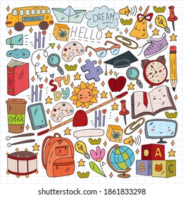 Vector illustration. Back to school vector pattern. Textile fabric design, wrapping paper and website wallpapers.