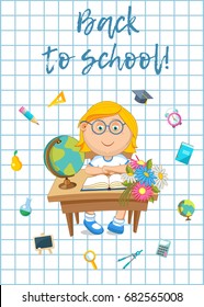 Vector illustration. Back to school. Pupil and school supplies.