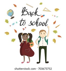 Vector illustration Back to school with pupils and school subjects