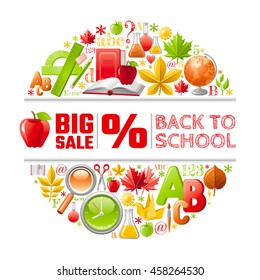 Vector illustration of back to school sale. Icon set with concept abstract symbols. Elegant modern style. Design template with text, autumn leaf, education signs - book, rule, pencil, brush, globe
