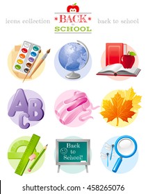 Vector illustration of back to school sale icon set with concept abstract symbols in elegant modern style. Template logo included. Education object, globe, paints, book, abc, ballet shoes, chalkboard

