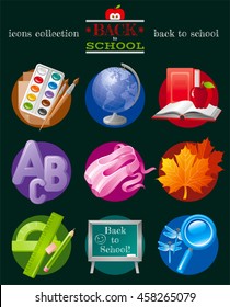 Vector illustration of back to school sale icon set with concept abstract symbols in elegant modern style. Template logo included. Education object, globe, paints, book, abc, ballet shoes, chalkboard
