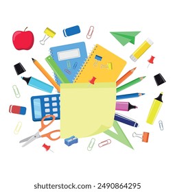 Ilustración vectorial de regreso a la escuela con material escolar