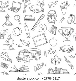 Vector illustration Back to school seamless pattern of kids doodles with bus, books, computer, blackboard and world map